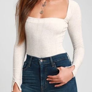 Free People Beside Me Ribbed Square Neck Long Sleeve Bodysuit (S)